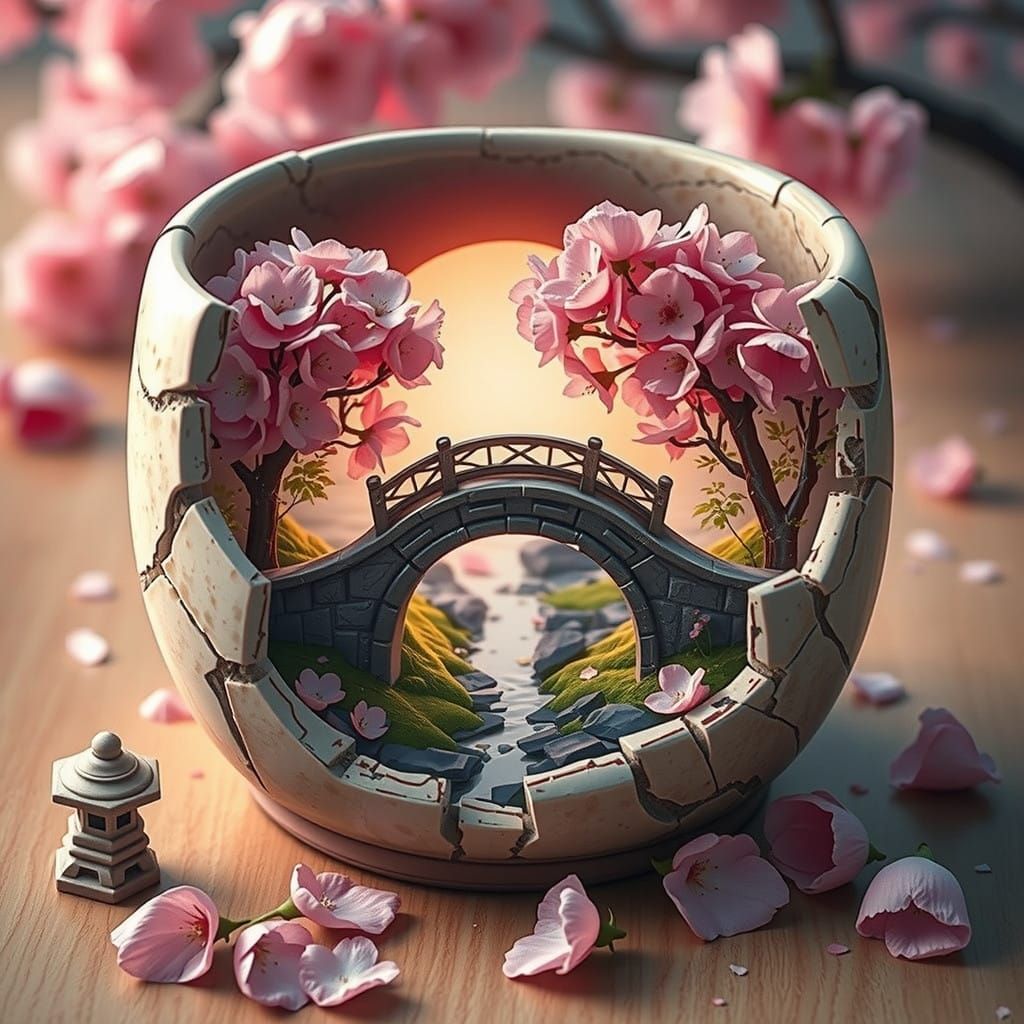 Surreal Cherry Blossom Sanctuary in a Cracked Ceramic Vessel