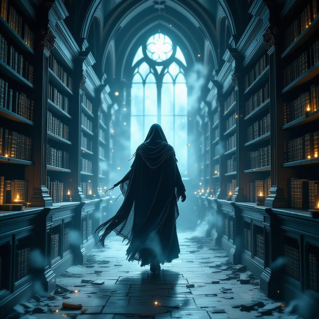 Spectral Figure in Moonlit Gothic Library