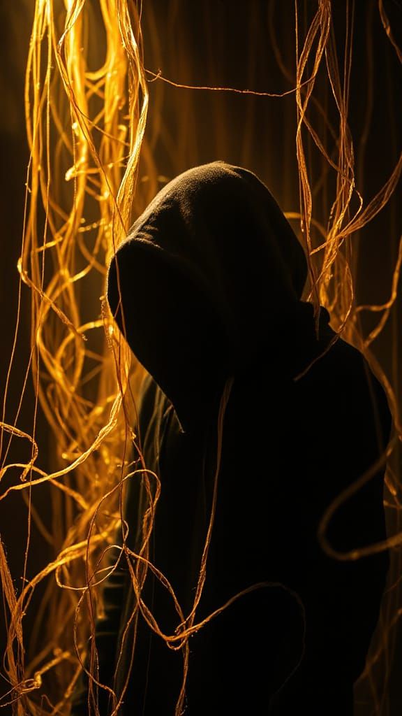 Serene Figure Shrouded in Shadows, Adorned with Dreamlike Pa...