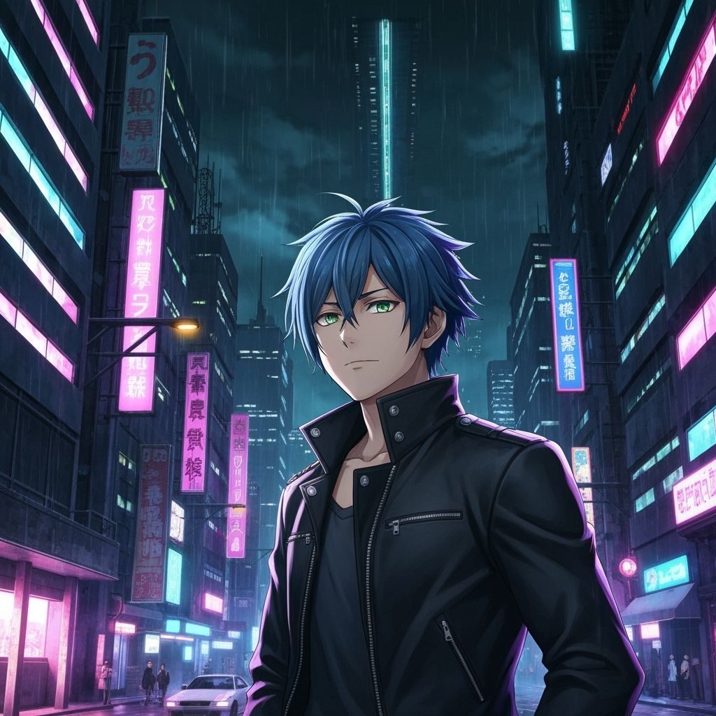 Anime Boy in Futuristic Neon Cityscape
