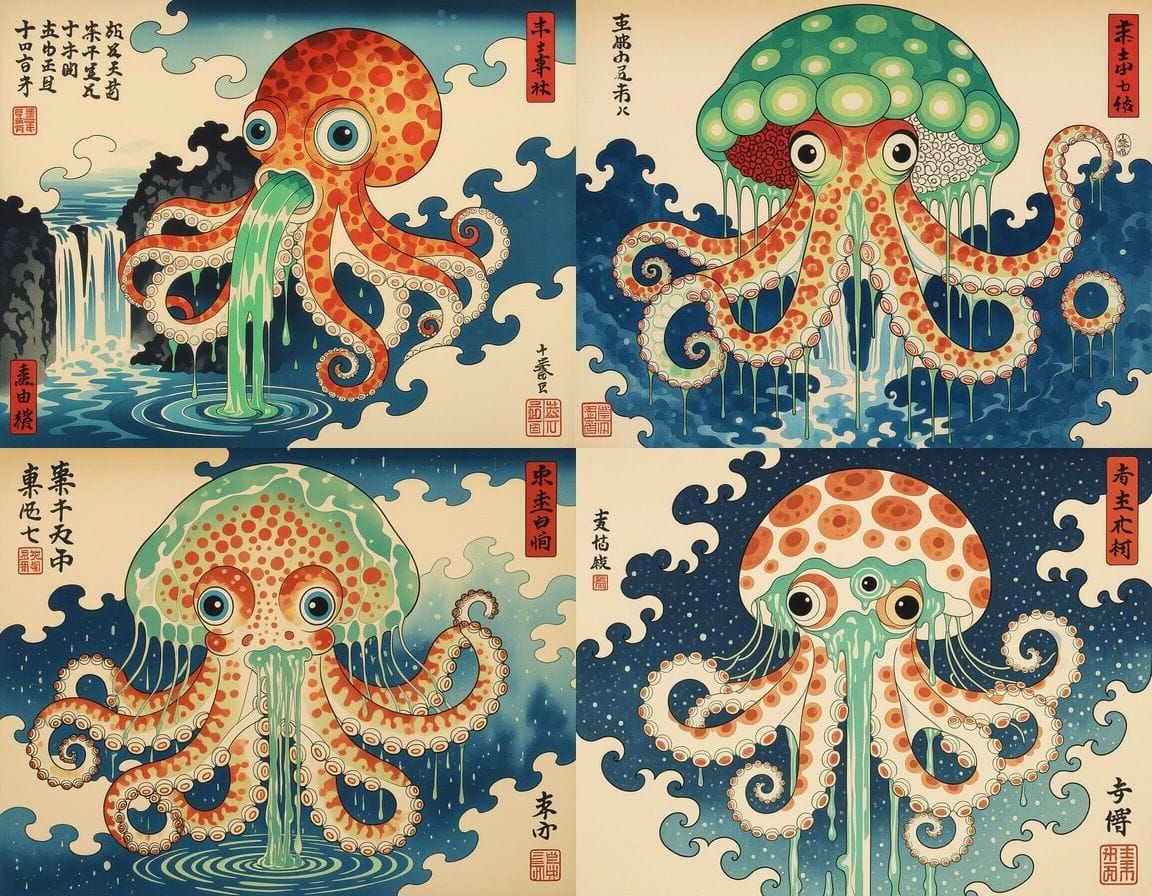 Mythical Ukiyo-e Jellyfish Octopus with Flowing Green Liquid