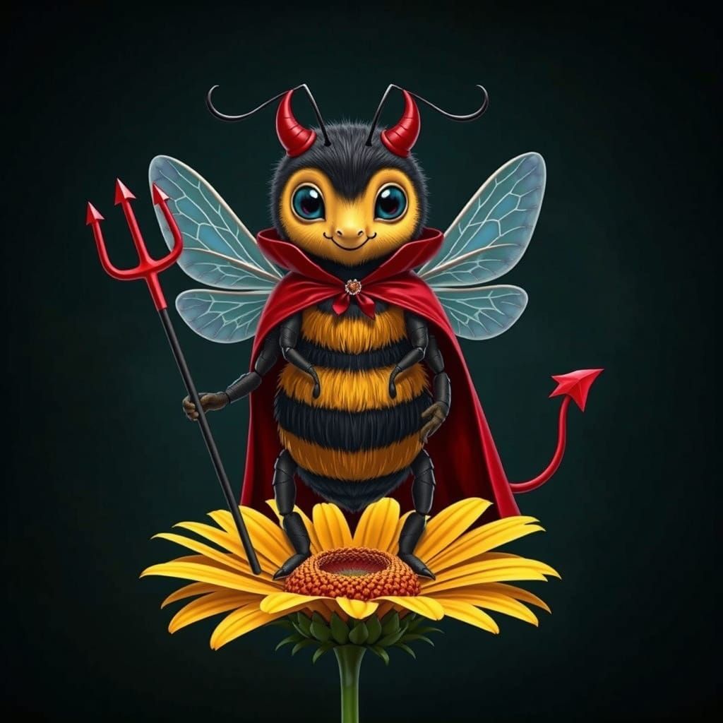 Cute Bee Devil Standing on a Flower in a Red Cape