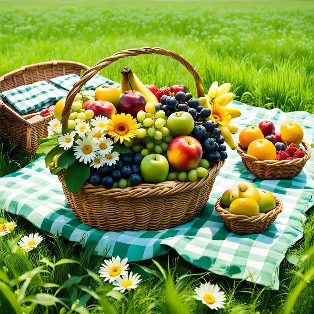 Idyllic Picnic on a Green Meadow with Flowers