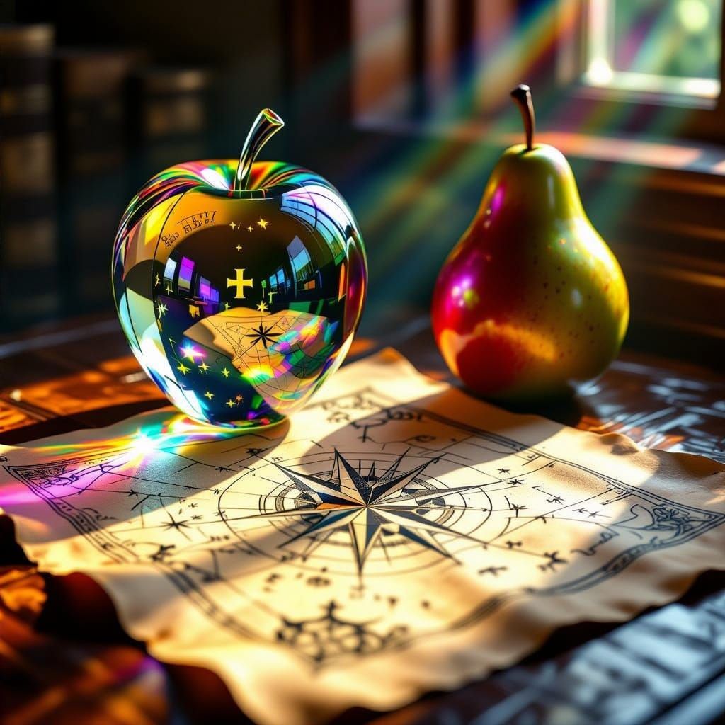 Glass Fruit Sculpture and Treasure Map on Table