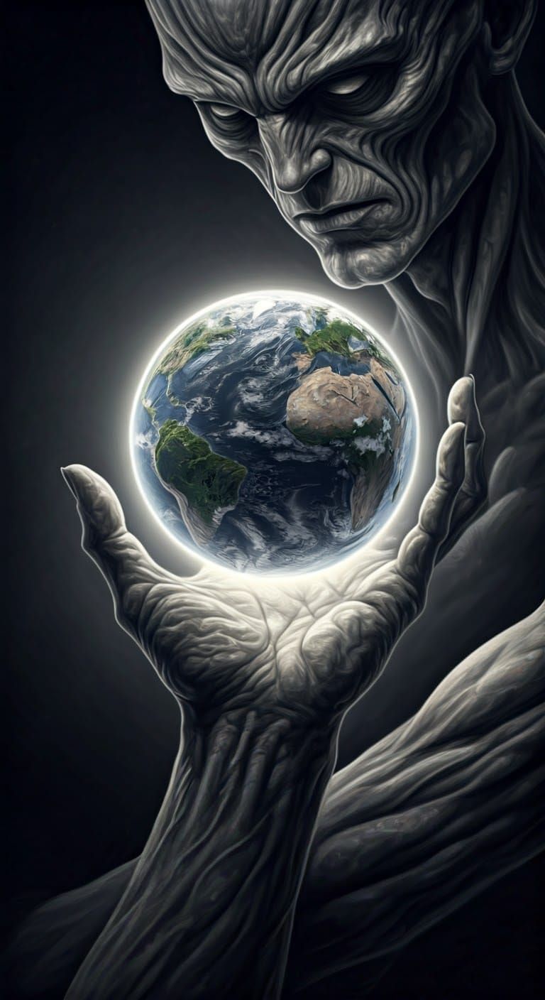Powerful Being Cradles Earth: Dark Surrealist Art