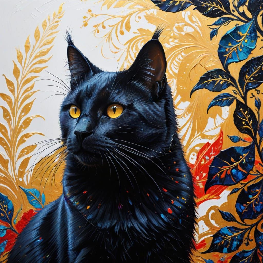 Elegant Black Cat Silhouette in Neo-Impressionism Style