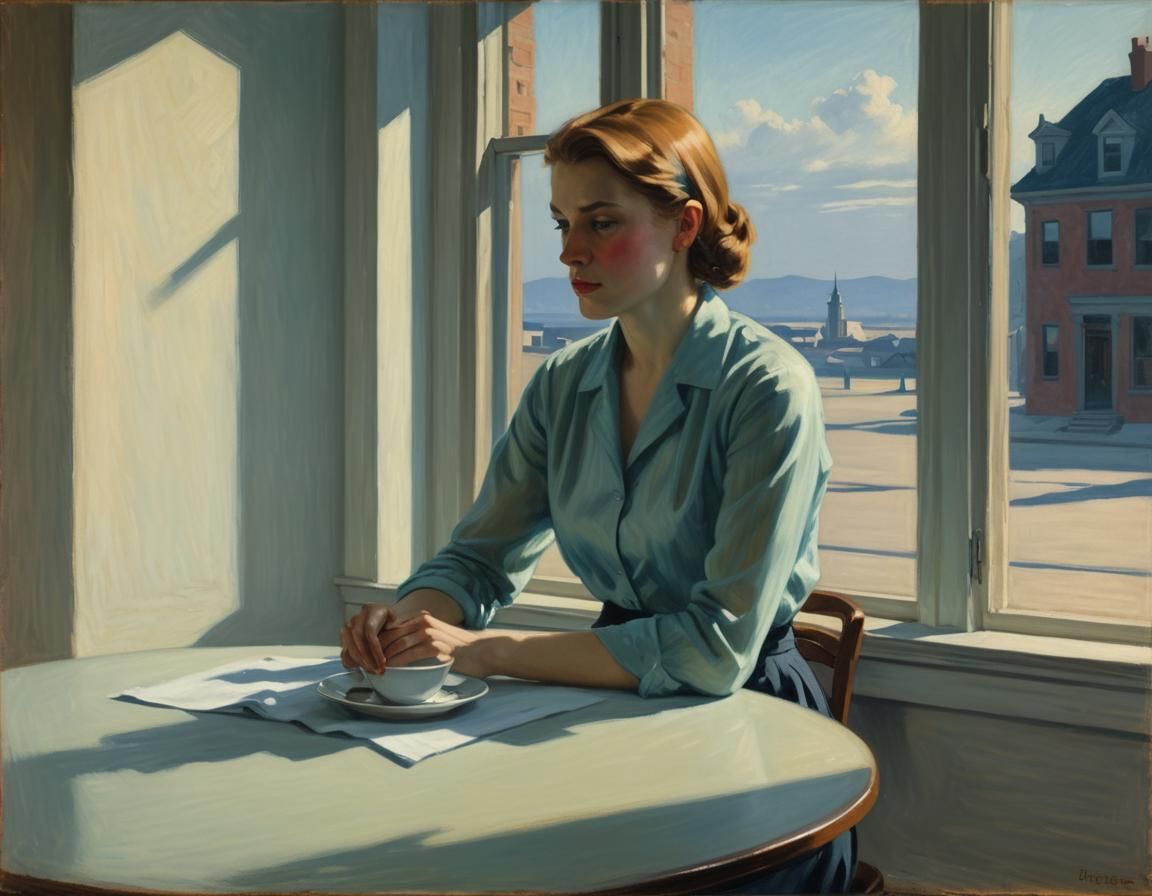 Contemplative Woman in Sunlight: Hopper-esque Oil Painting