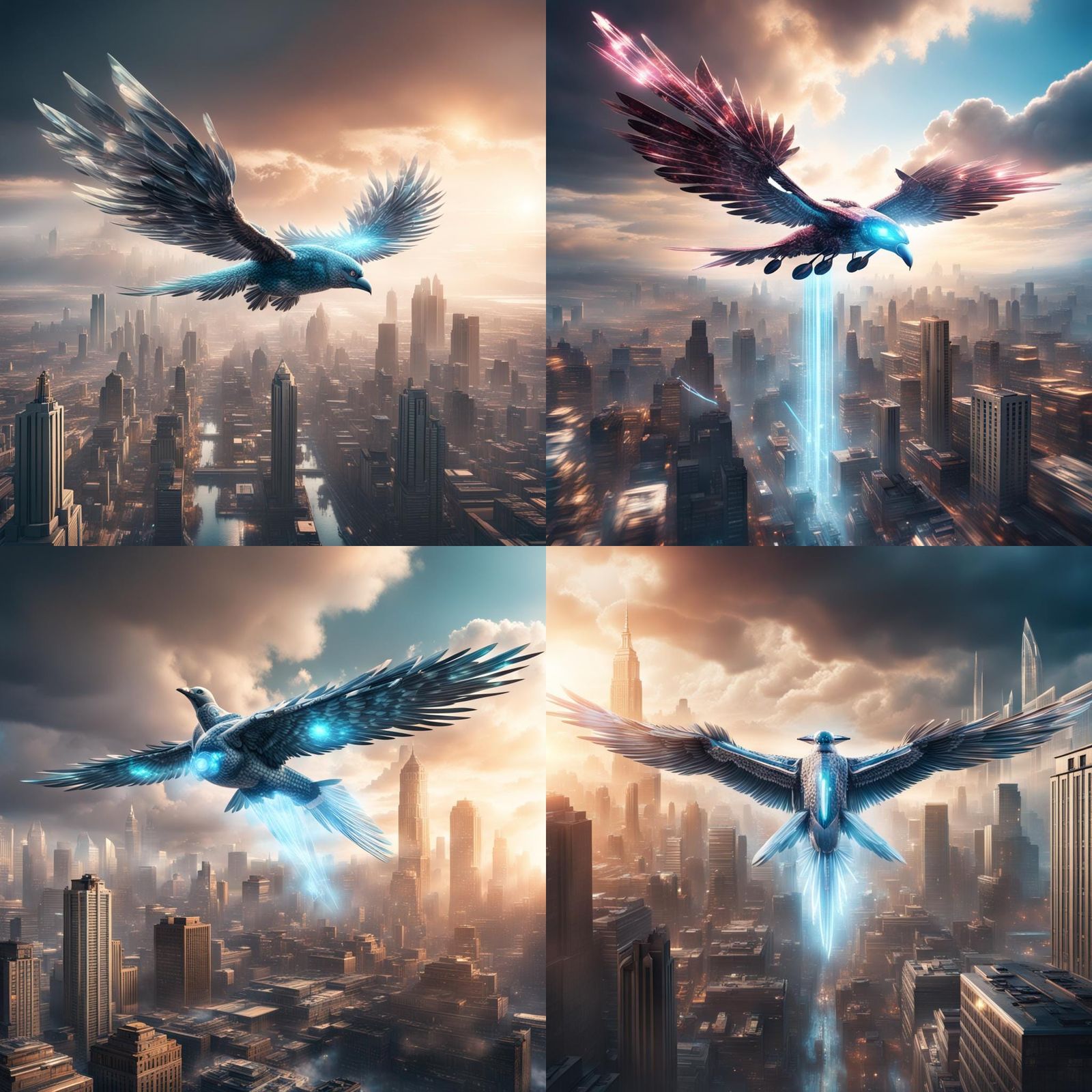Crystal Thunderbird Soaring Over Detailed Cityscape