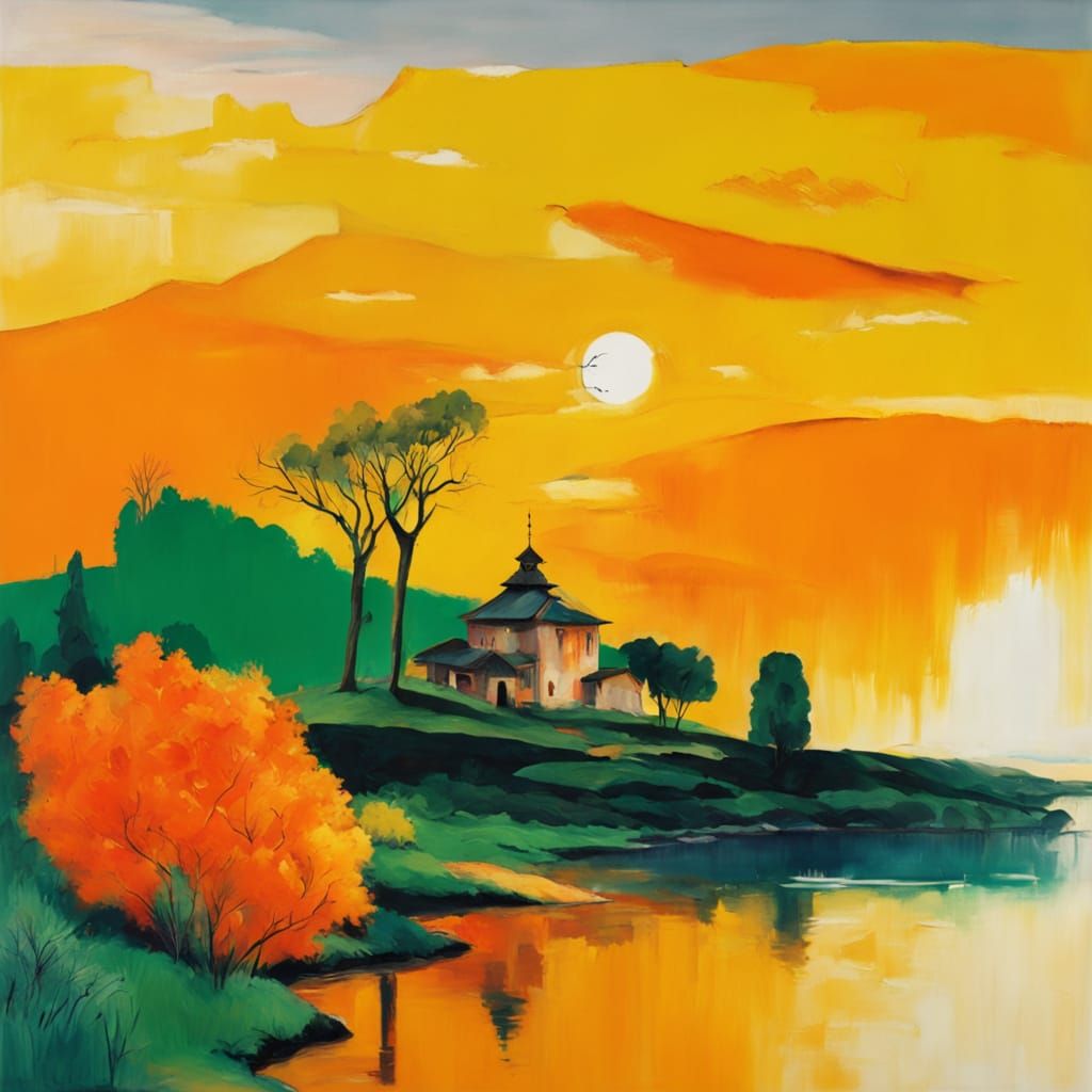 Impressionist Landscape with Vibrant Sunset and River
