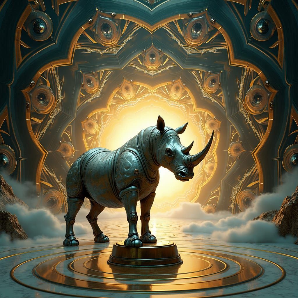 Surreal Celestial Art Deco Robot Preacher and Rhino