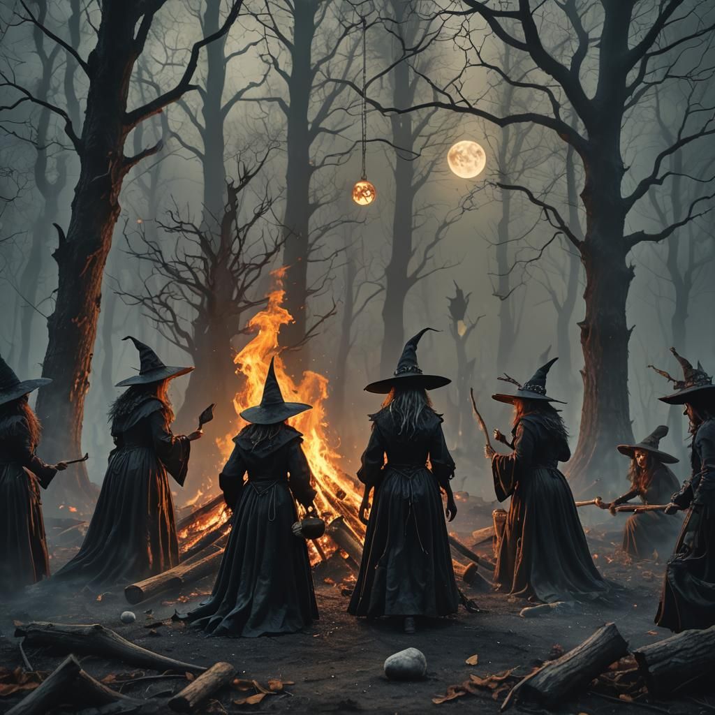Several scary witches around fire in a dark misty wood witch is made in the ground moon is shining through the trees a s...