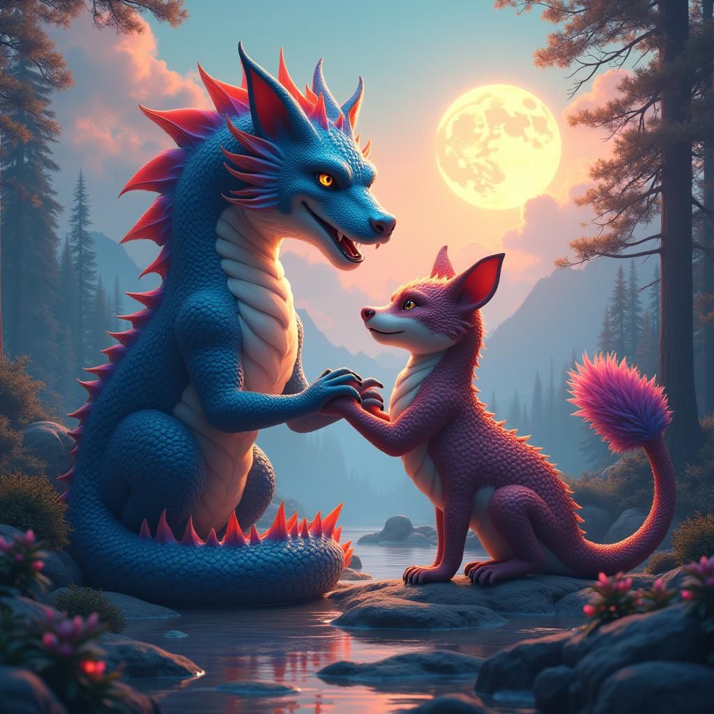 Fantasy Catdragon and Dogdragon Play in Mystical Realm