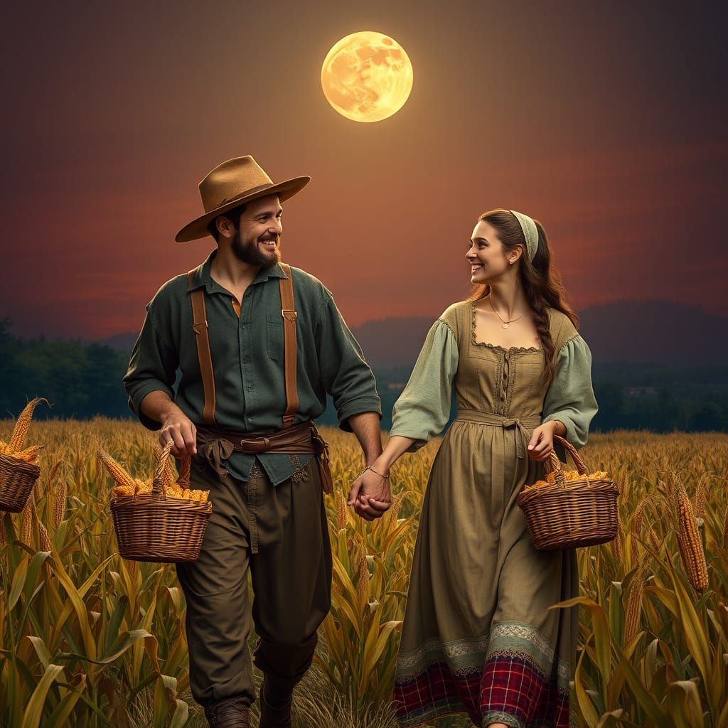 Medieval Farmers Strolling Under Full Moon, Hyperrealistic S...
