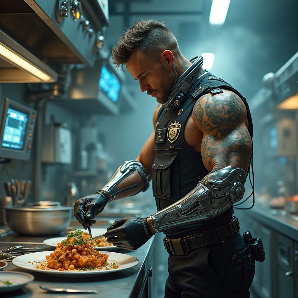 Cyborg Chef Prepares Gourmet Meal in Cyberpunk Kitchen