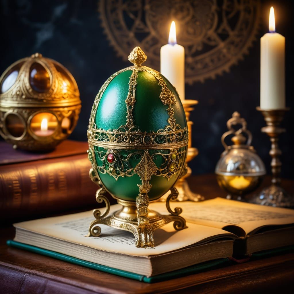 Steampunk Faberge Egg in Luxurious Gold and Green