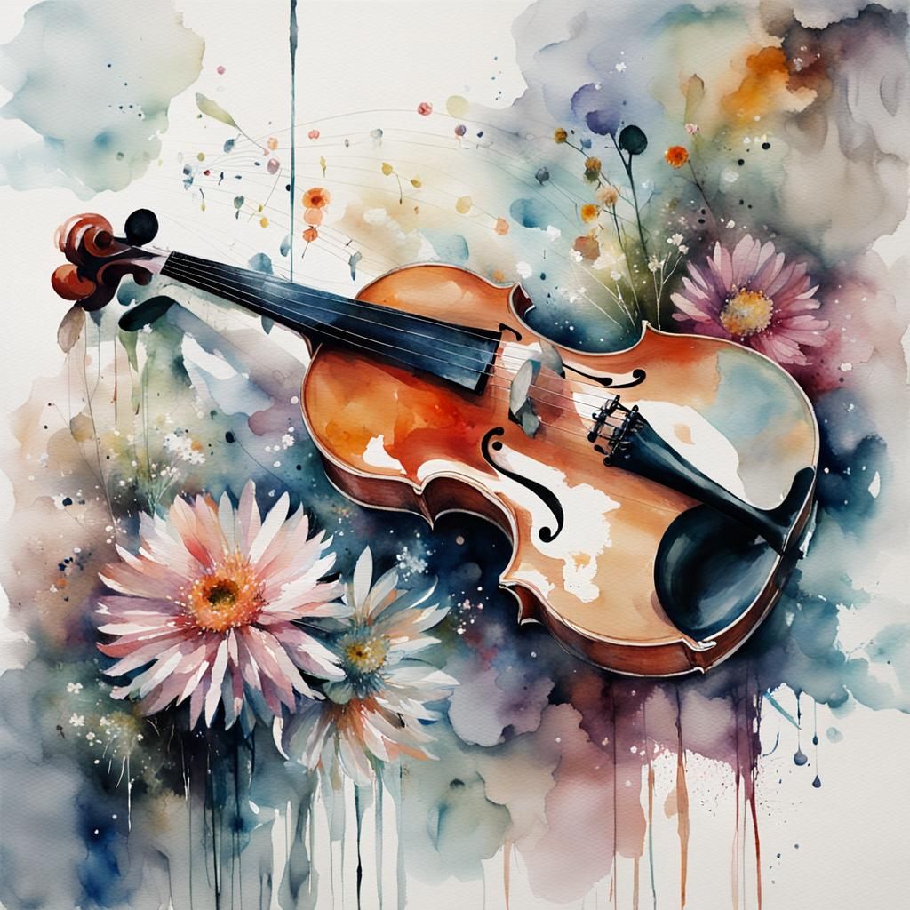 Dreamy Abstract Watercolor of Musical Instruments and Flower...