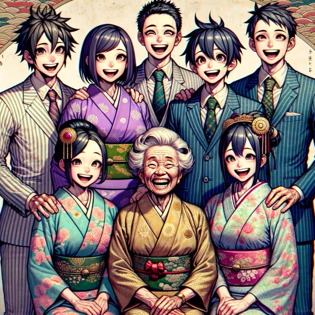 Humorous Family Portrait in Japanese Woodblock Style