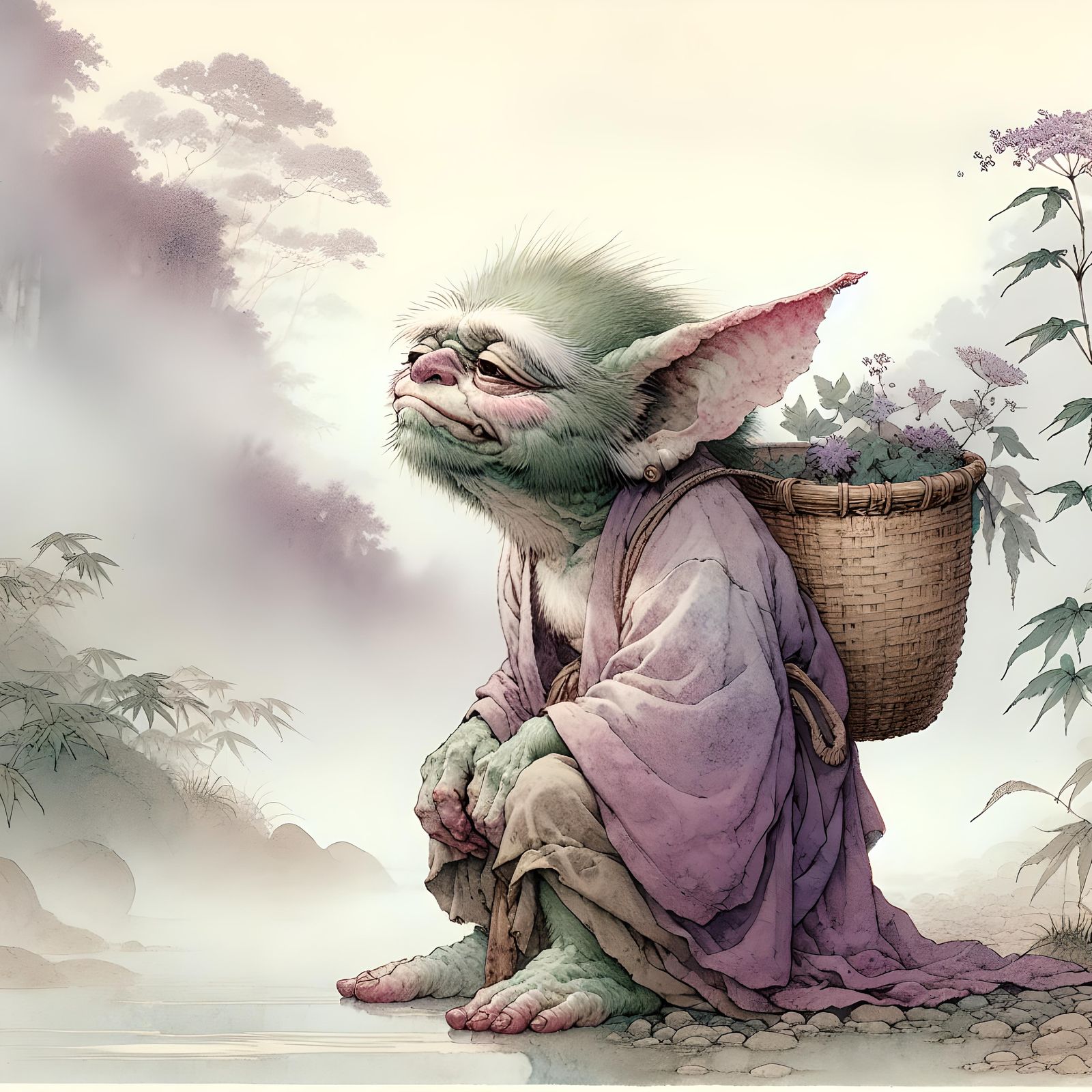 Gremlin Monk in Ukiyo-e Style Watercolor Landscape