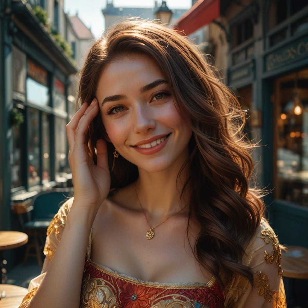 Hyperrealistic Portrait of Woman in French Cafe