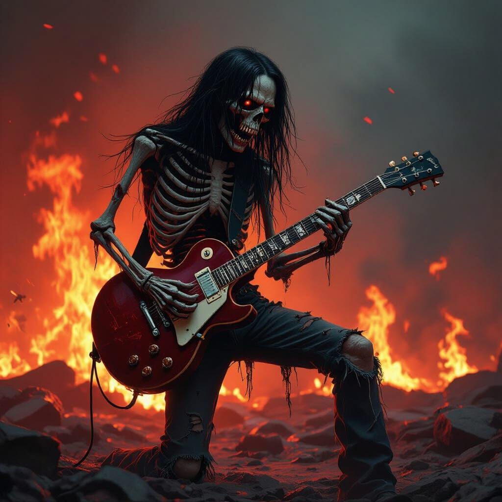 Skeletal Guitarist in Fiery Hellscape