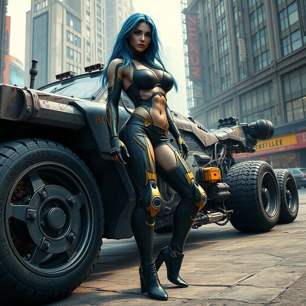 Cyberpunk Cyborg Woman in Dystopian Cityscape