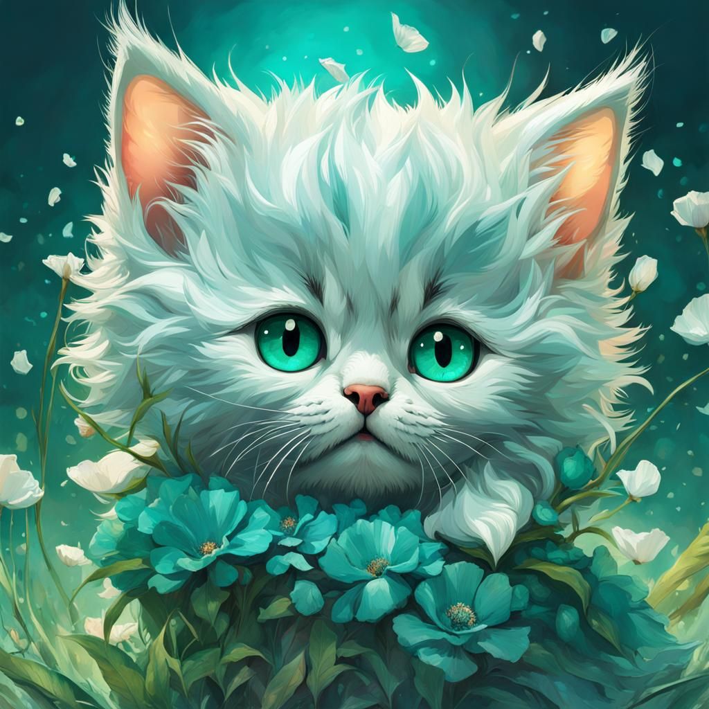 Cute Cat with Flowers: Digital Art Masterpiece