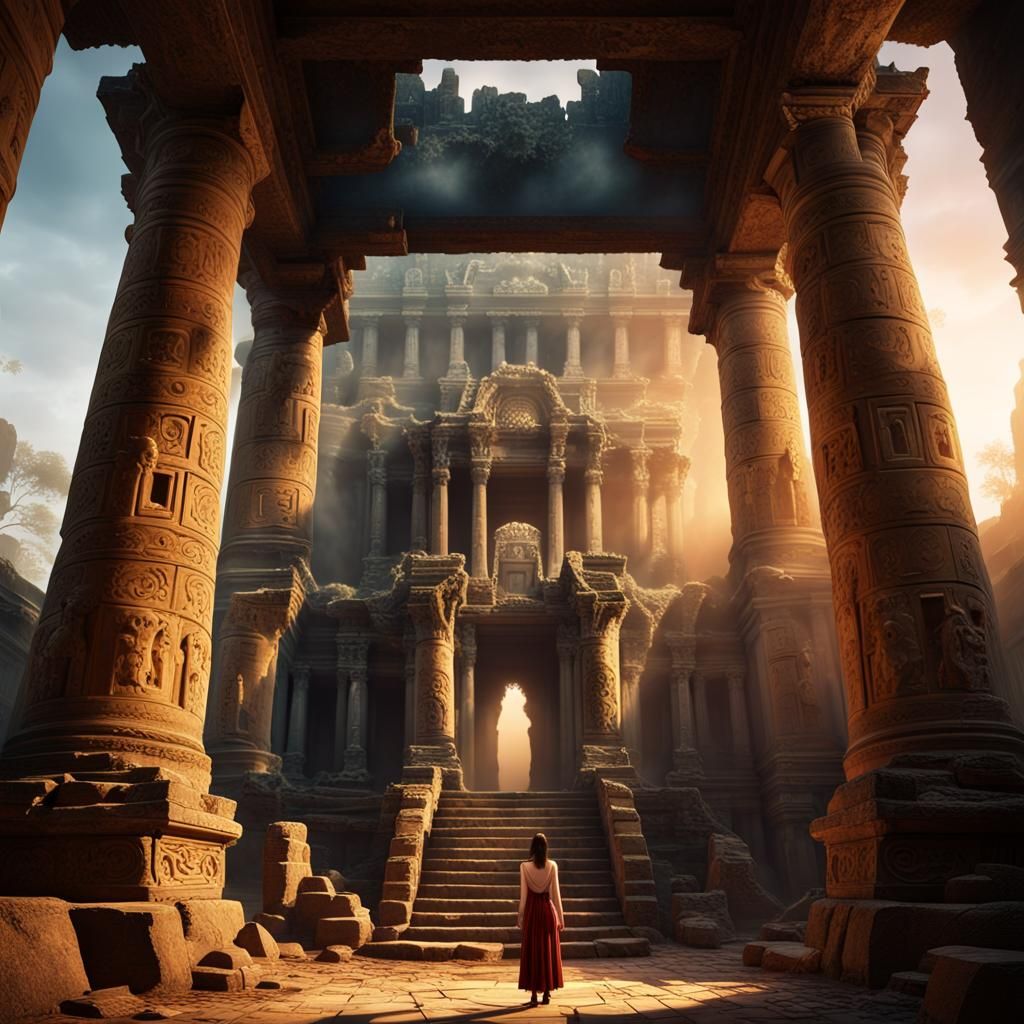 Mystical Figure in Ancient Ruined Temple