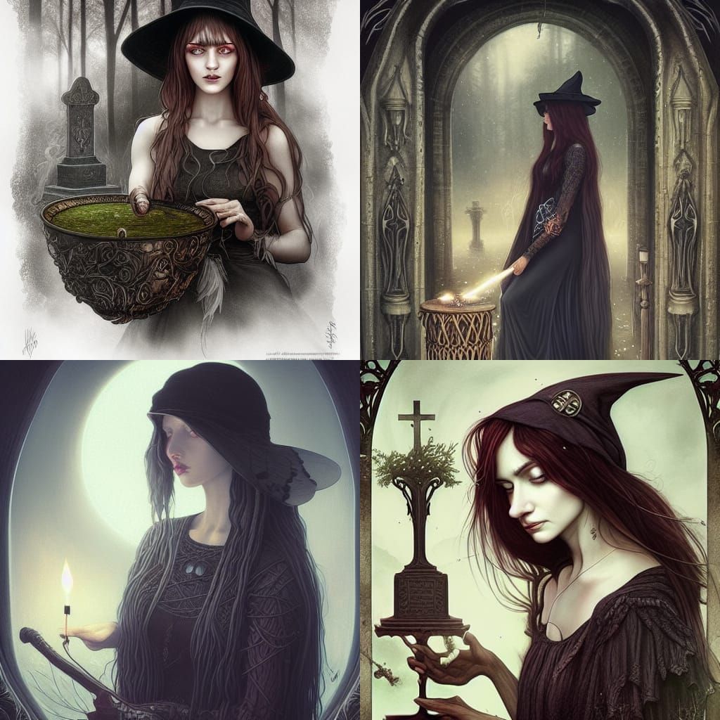 Detailed Portrait of a Witch Stirring Cauldron