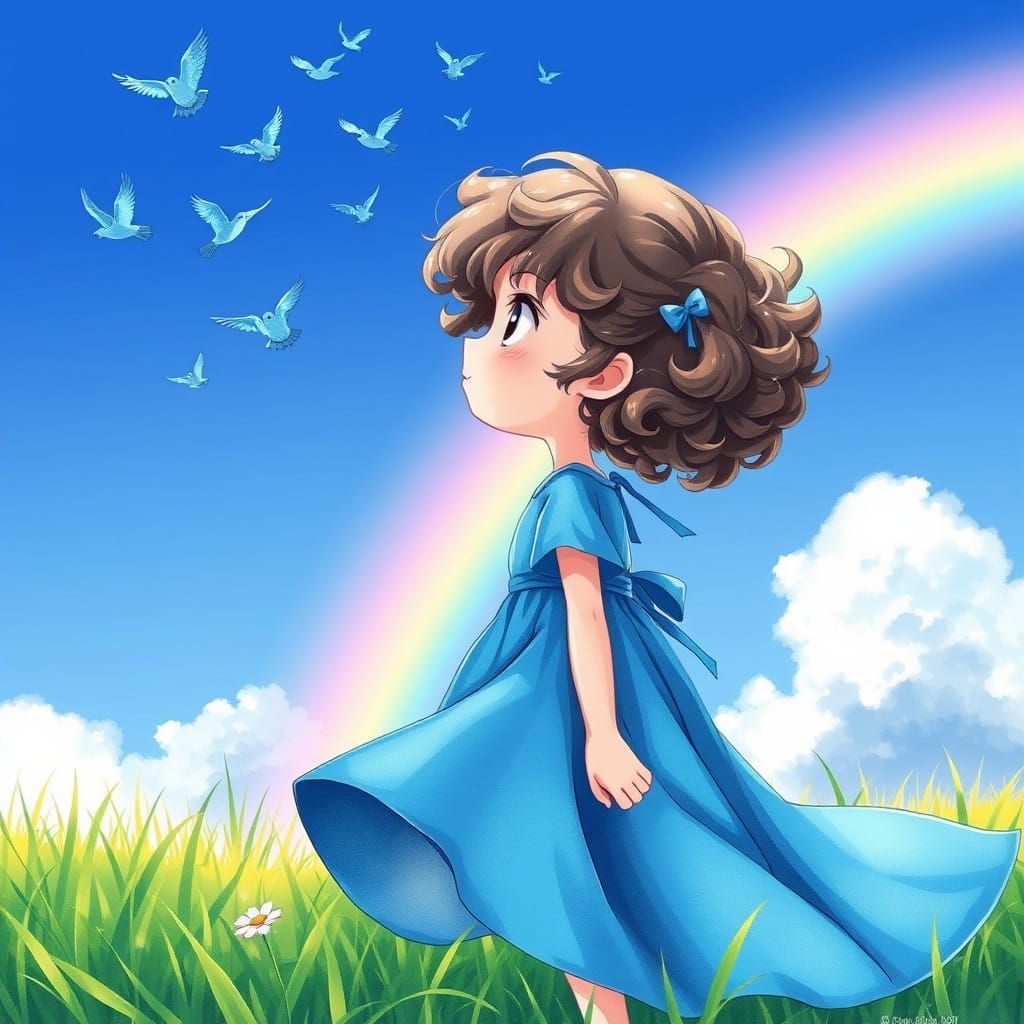 Whimsical Girl in Lush Meadow Under Vibrant Rainbow