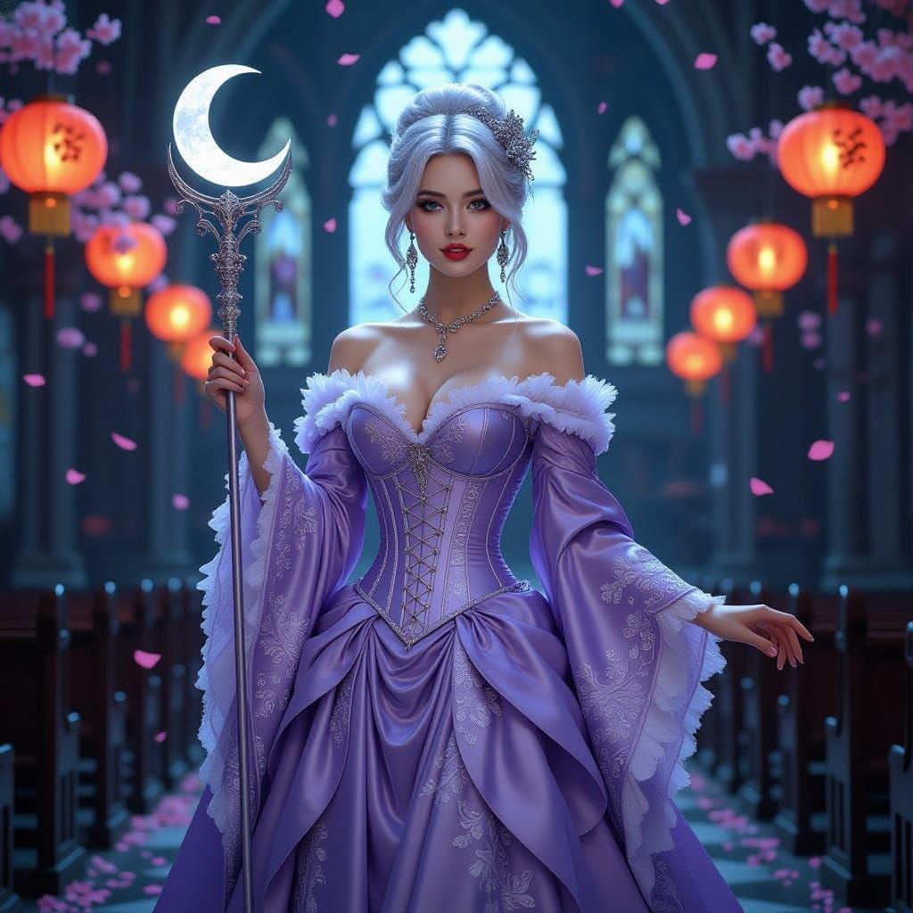 Victorian Duchess in Gothic Gown with Moon Scepter
