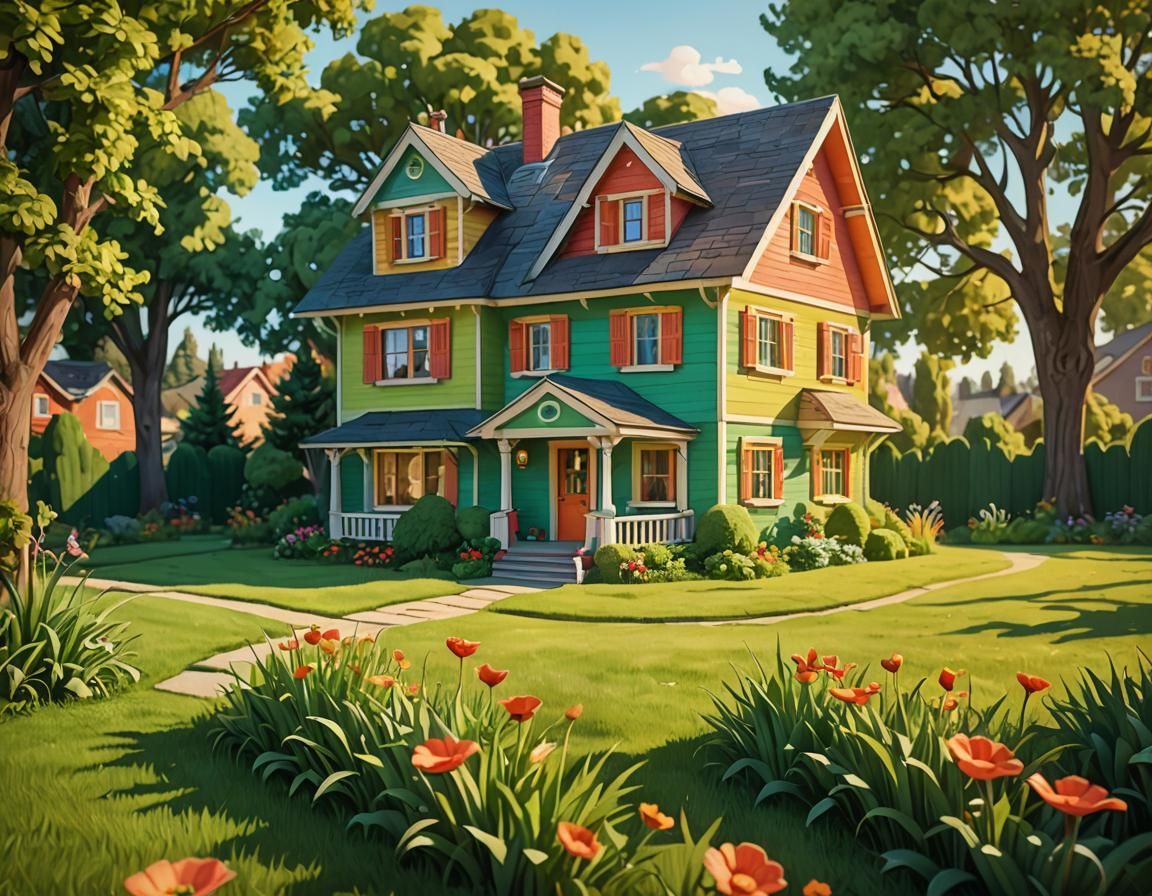 Cartoon House in Sunny Field, Vibrant and Playful
