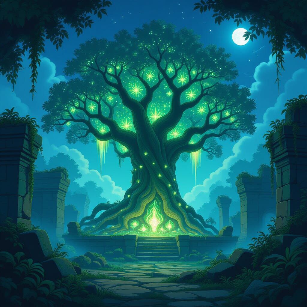 Ancient Bioluminescent Tree in Overgrown Temple Ruins