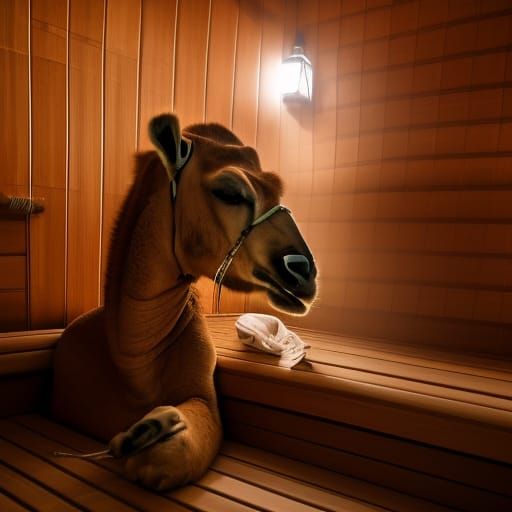 A camel reading a romance novel in the sauna
