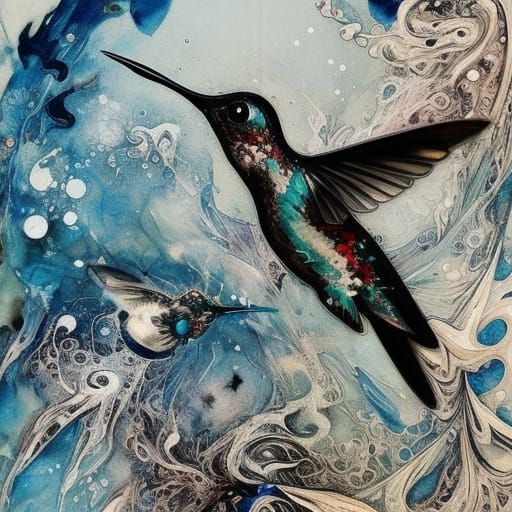 Detailed White Ink Hummingbird with Blue Eyes