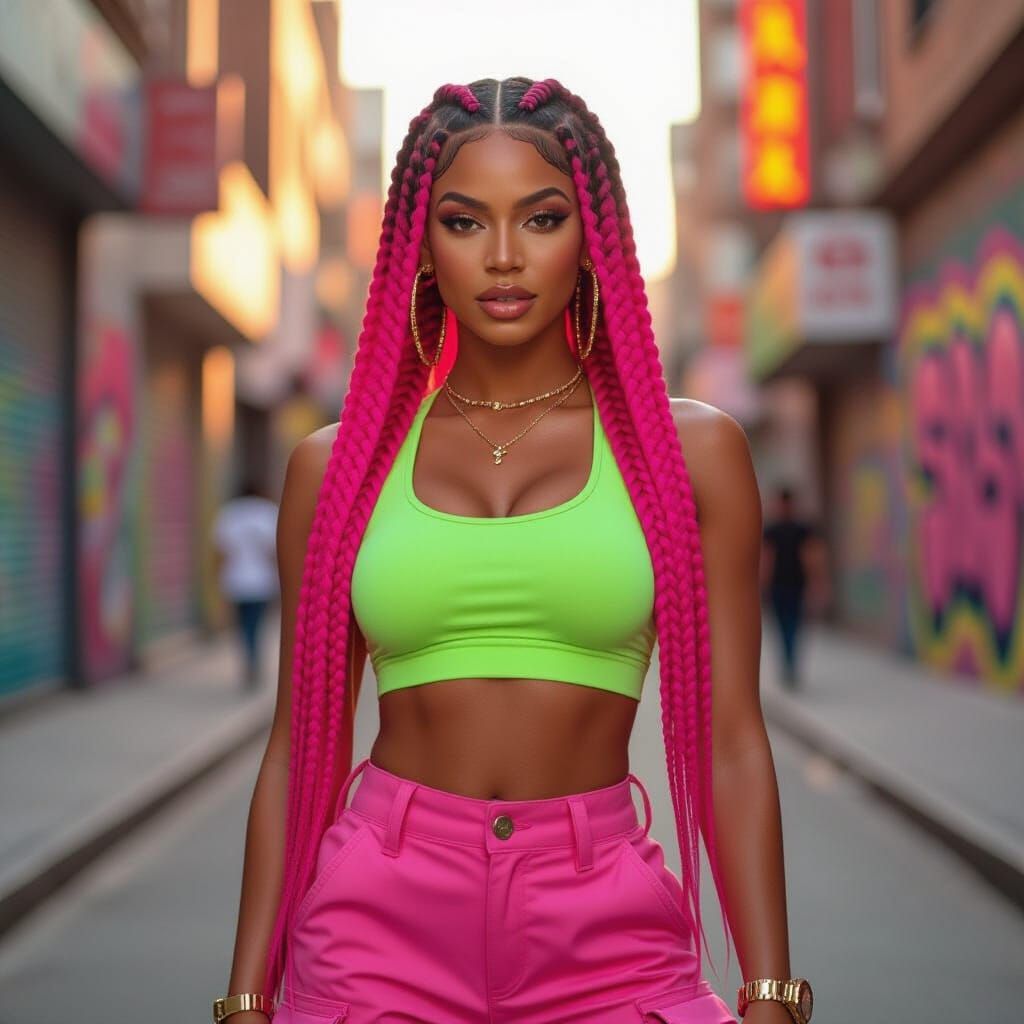 Golden Black Woman with Pink Braids in Graffiti Street Style