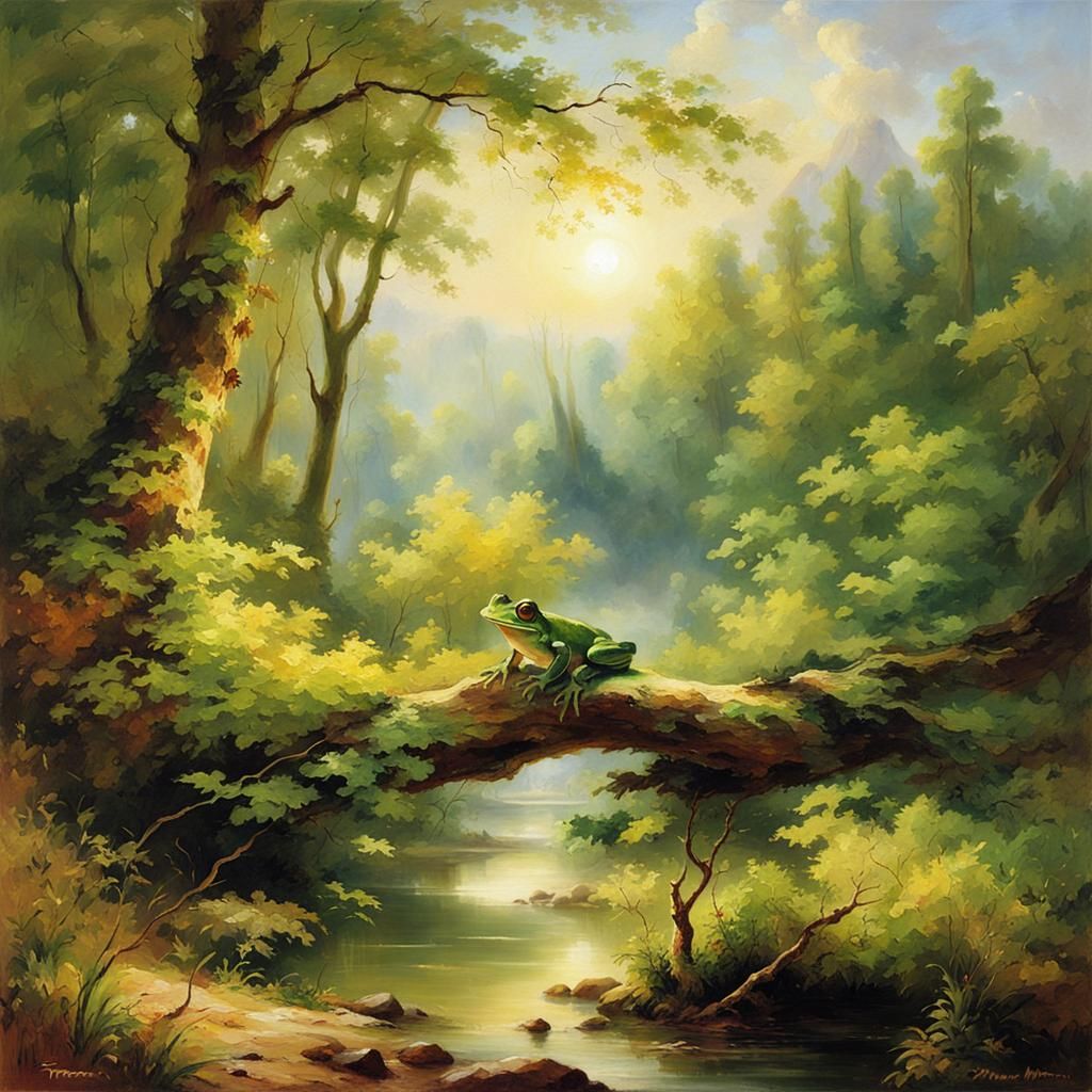 Green Frog in Forest: Oil Painting Landscape