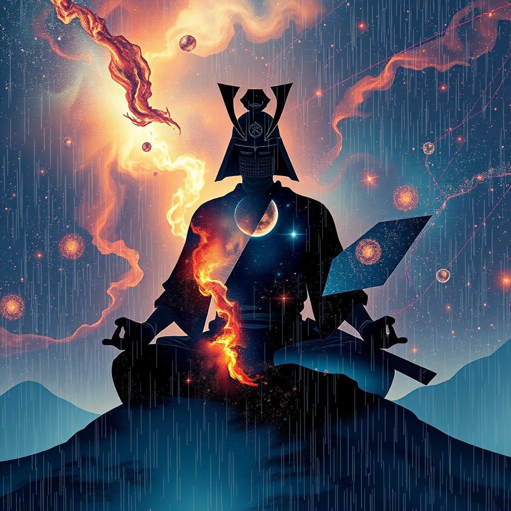 Samurai Meditating in Cosmic Rain as Geometric Art
