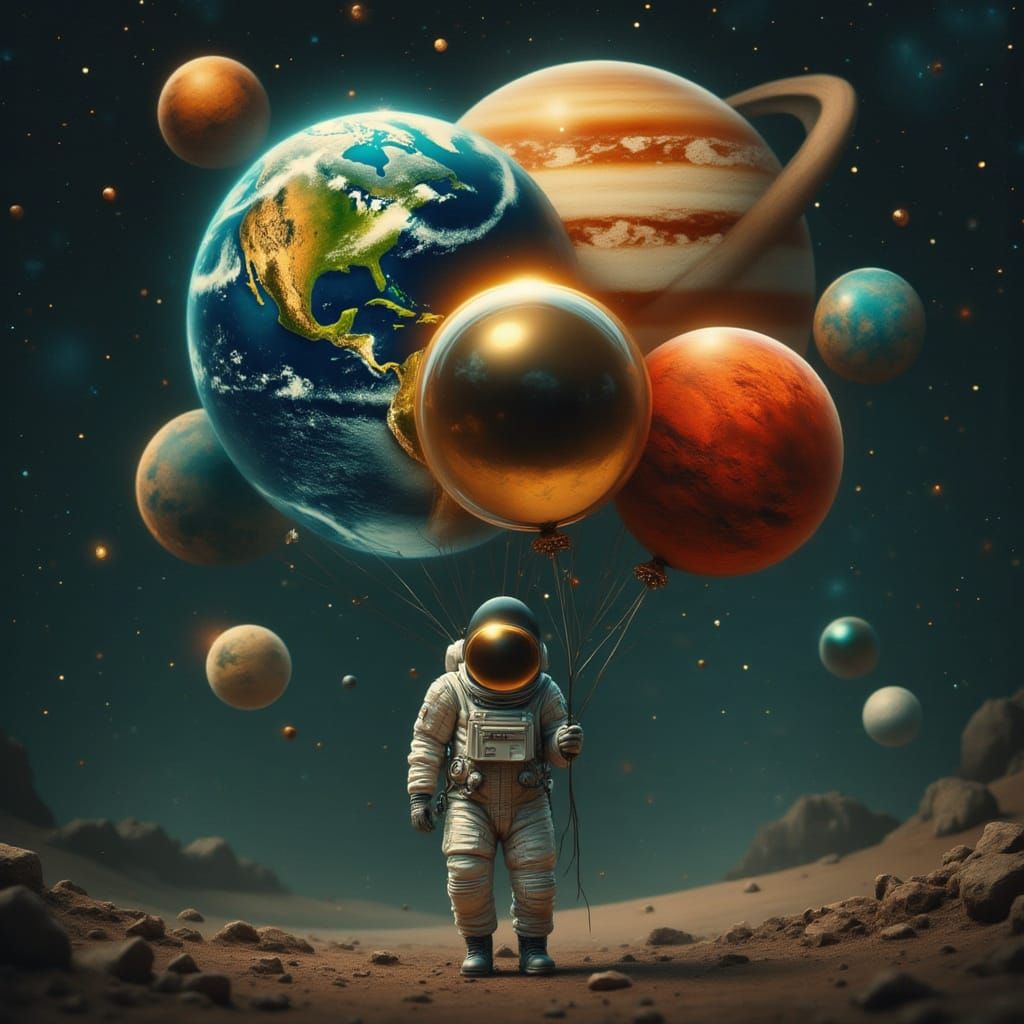 Astronaut Holds Planet Balloons in Surreal Cosmic Scene