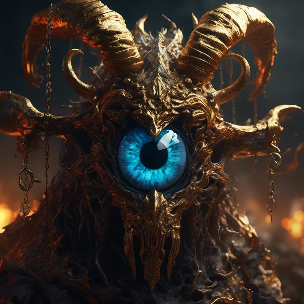 Fiery Eyeball and Demon Silhouette in Dark Fantasy Style