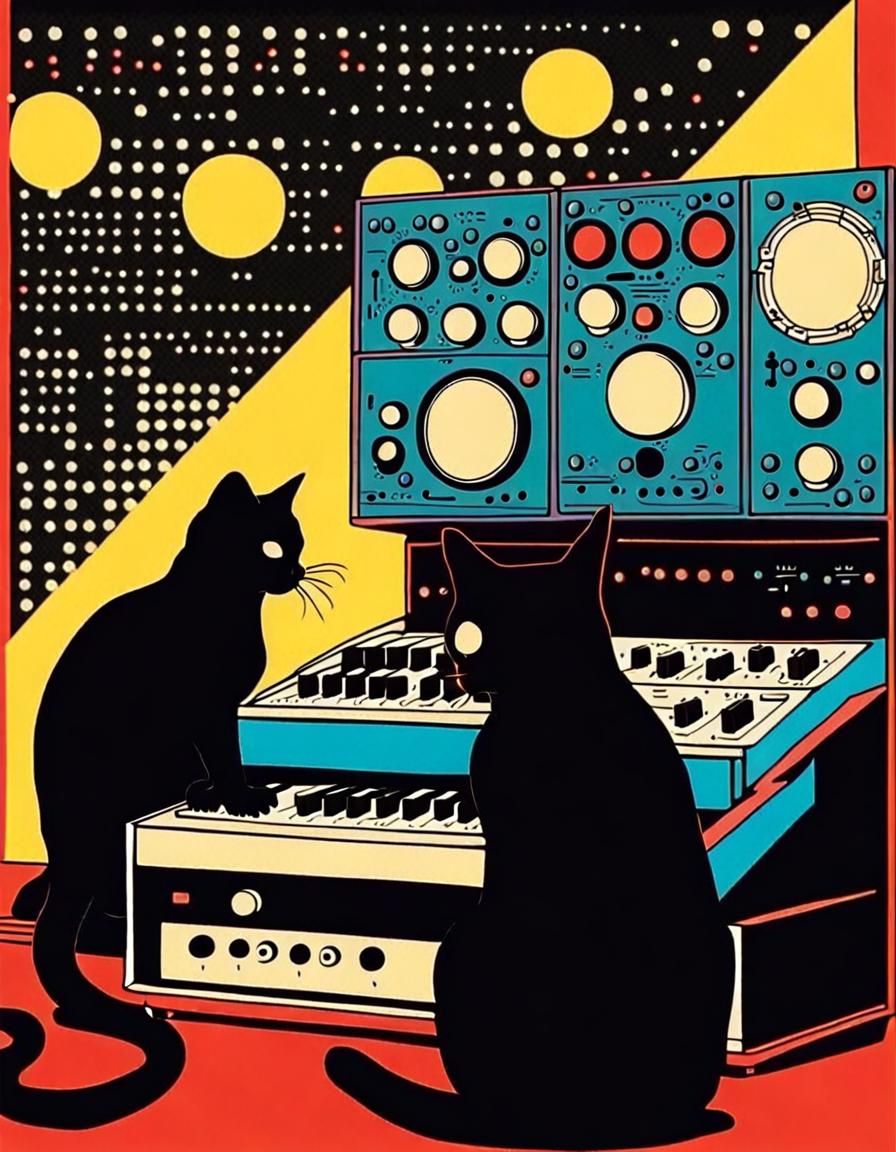 Tuxedo Cat Plays Synth in Retro Pop Art