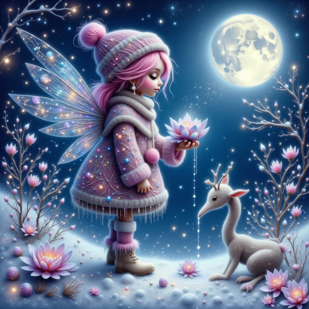 Pixie Watering Winter Flowers Under Ethereal Moonlight