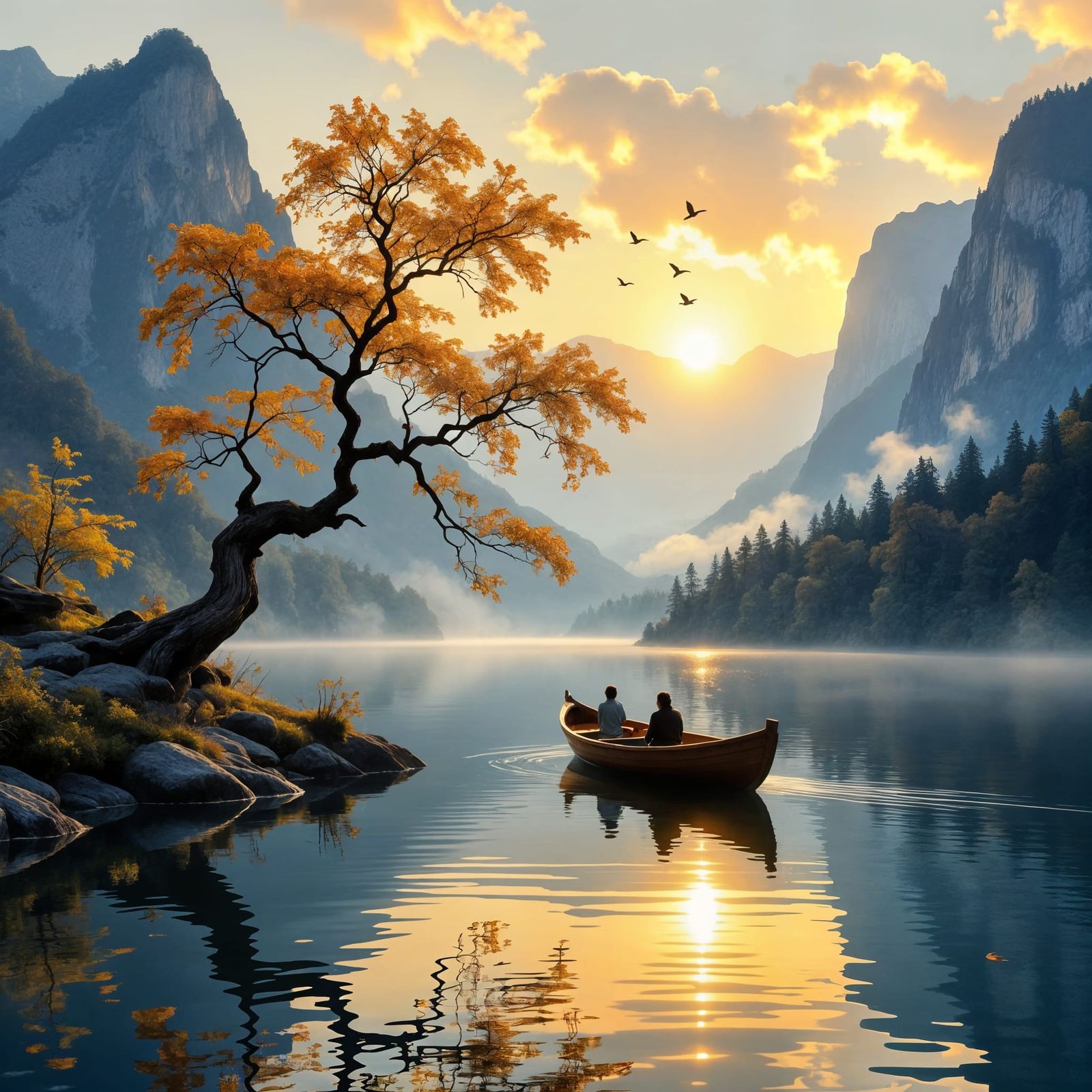 Serene Mountain Lake at Dawn with Autumn Forest