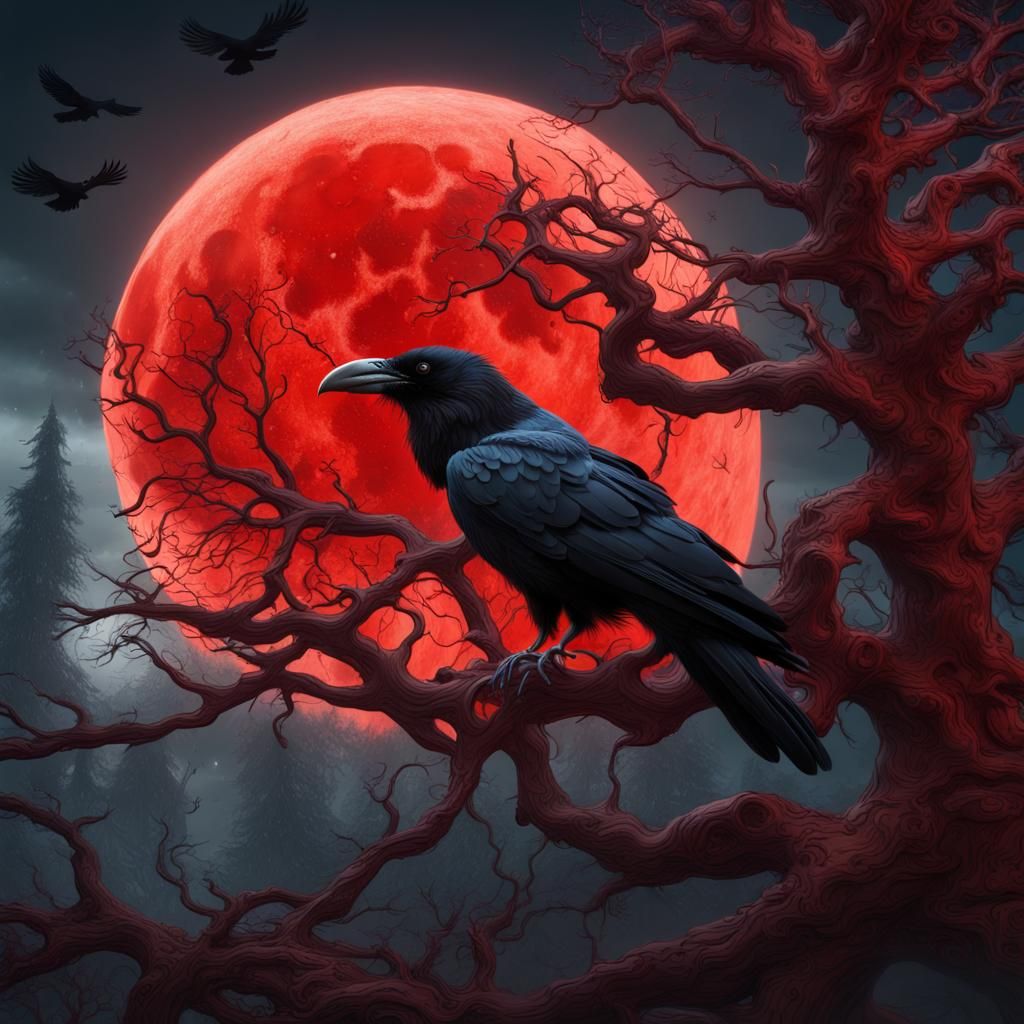 Red Moon Raven in Tree: Fantasy Concept Art