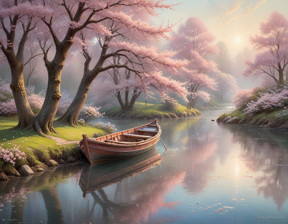 Cherry Blossom River Scene in Watercolour Style