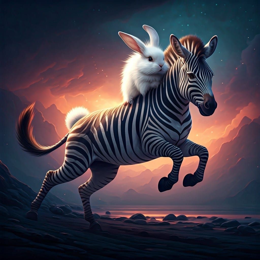 Hybrid Fantasy Creature: Zebra Body, Bunny Head, Cat Legs