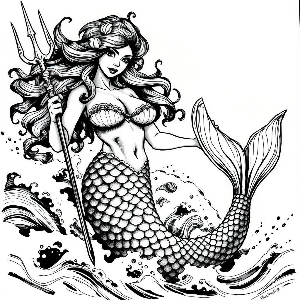 Mermaid with Trident in Simple Line Art