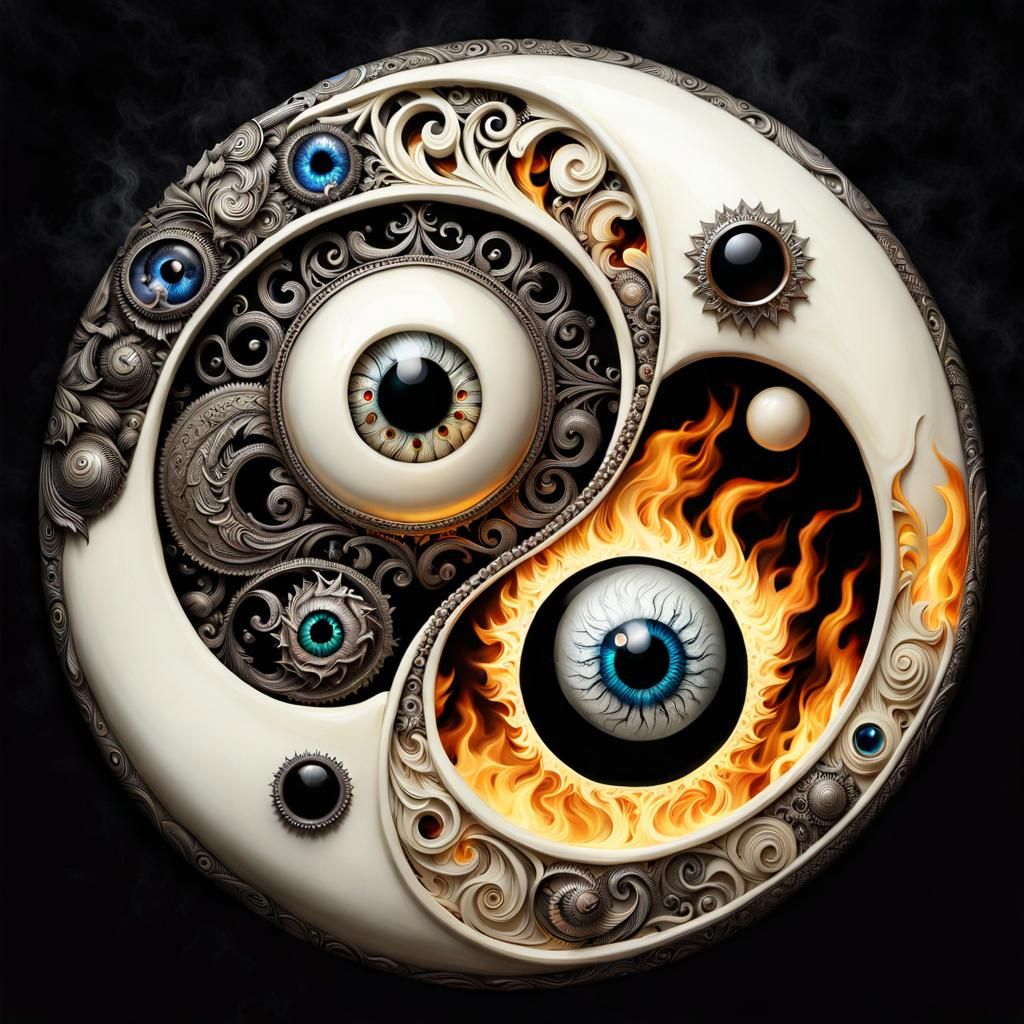 Yin Yang Eyeballs Reflecting Fire and Ice