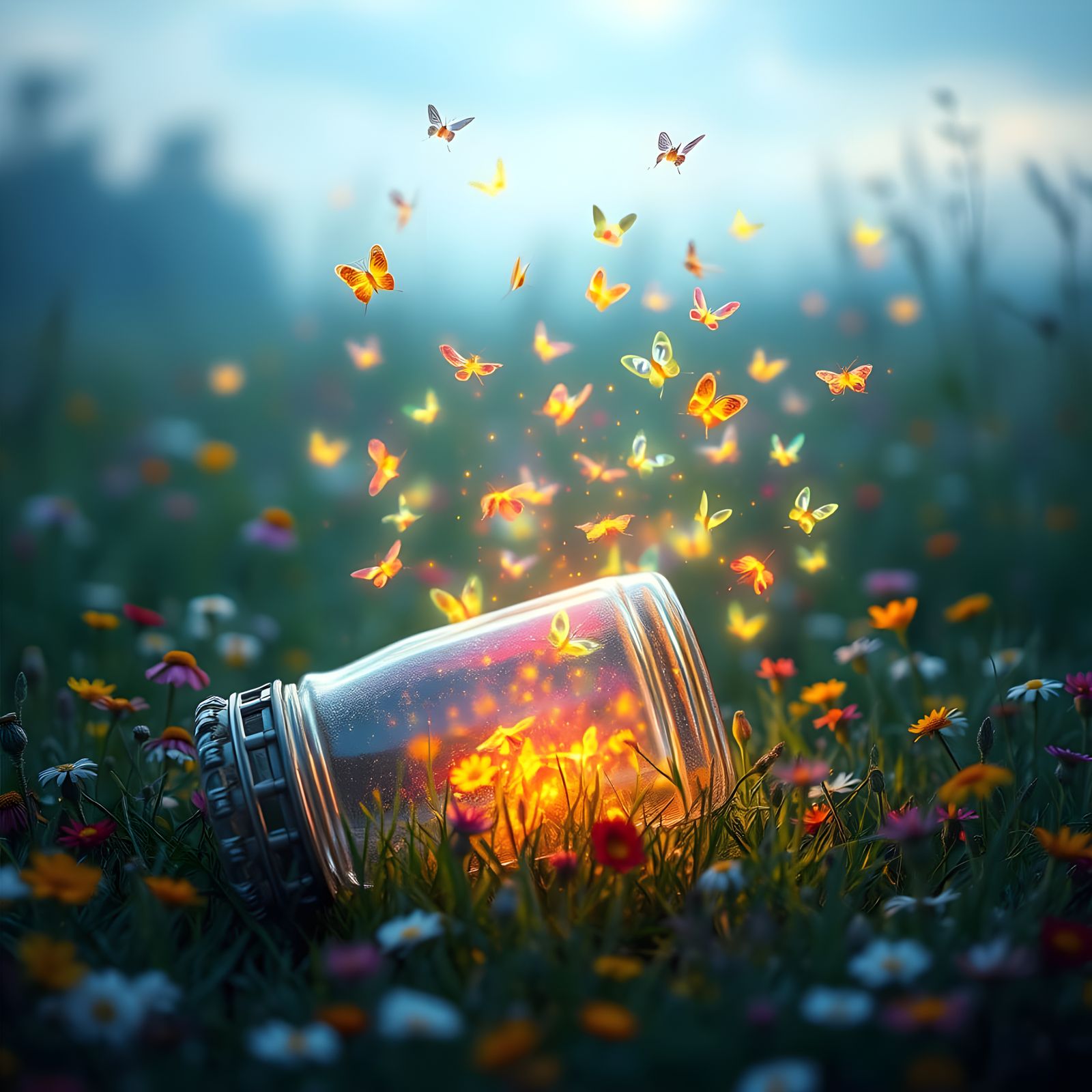 Vibrant Rainbow Fireflies Escape a Glass Jar in a Whimsical ...