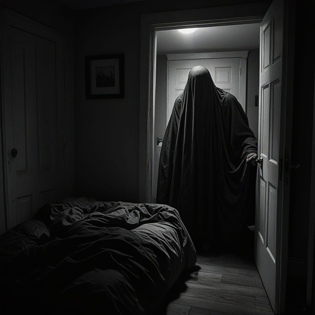 Surrealist Horror Scene: Dark Figure Stalks Sleeping Human