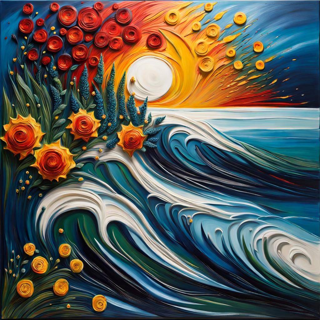 Textured 3D Seascape with Flowers as Impasto Painting